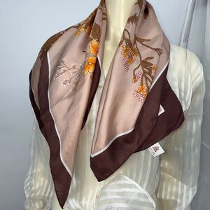 Vintage Hand Rolled Silk Scarf Large 33x32 Taupe Brown Floral Hand Printed Squar
